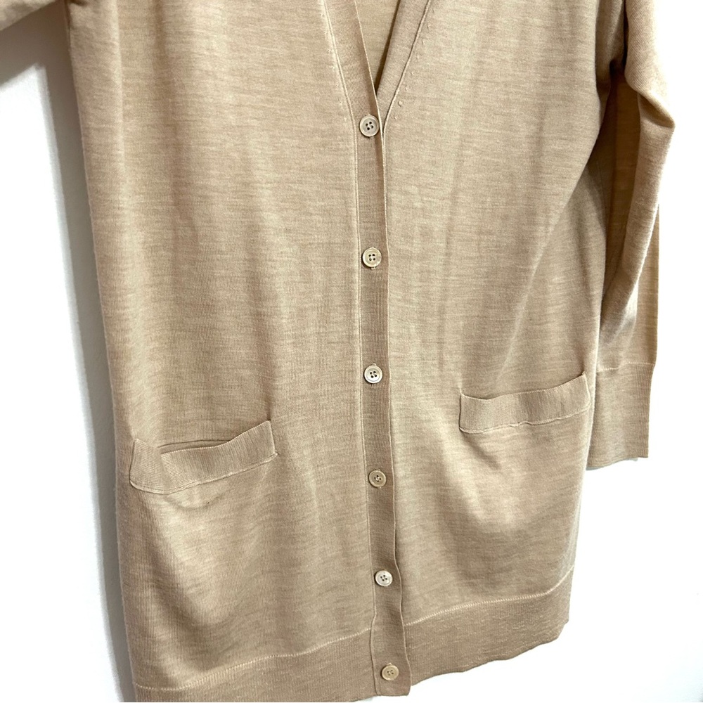 J. Crew Classic 100% Merino Wool Long Cardigan Sweater Preppy Tan Stone EUC sz M - Picture 7 of 10